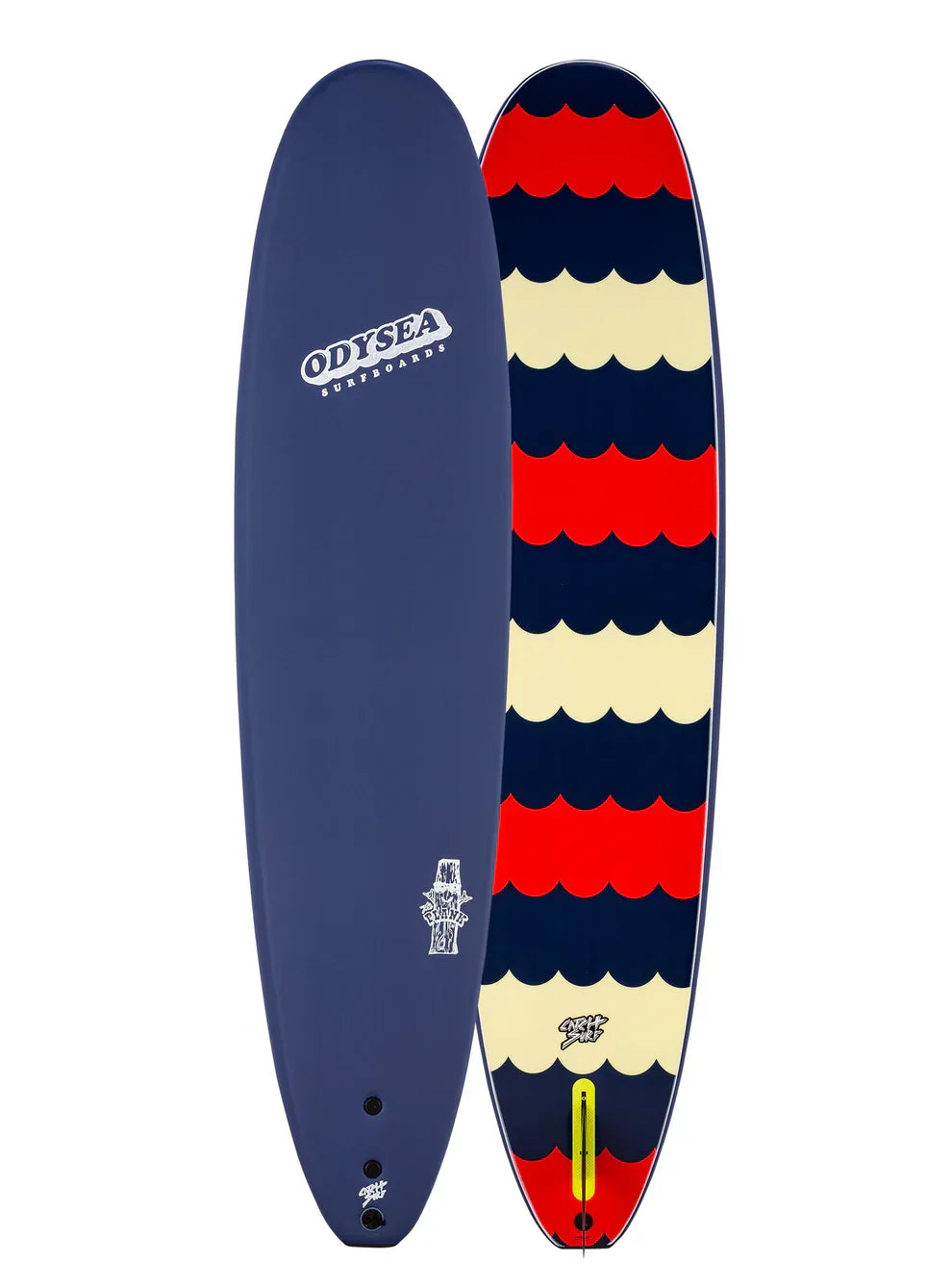 Odyssea Surfboards soft top surfboard with red, cream, and navy scallop design for coastal adventures