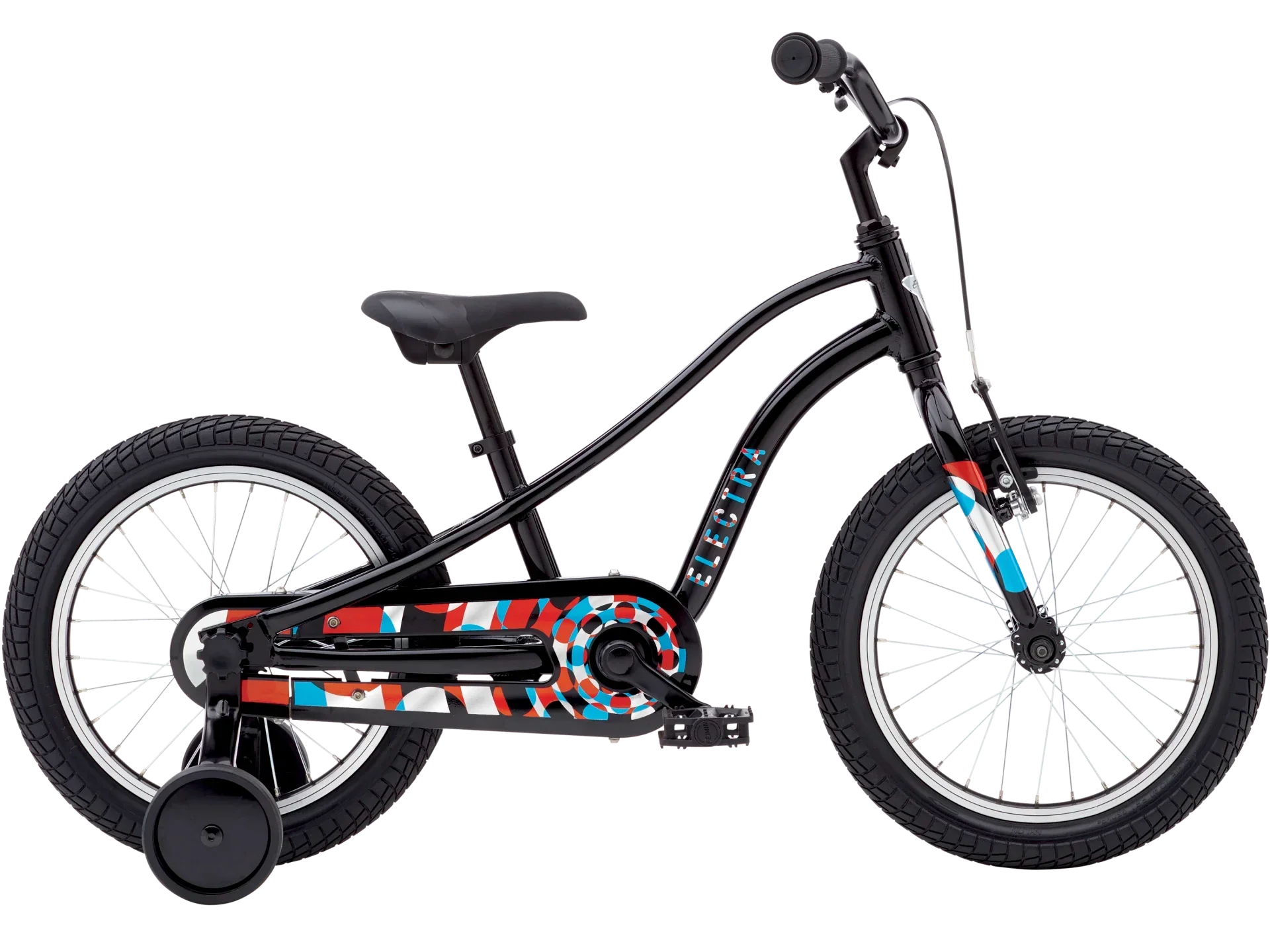 Black kids' bike with colorful Electra design and training wheels
