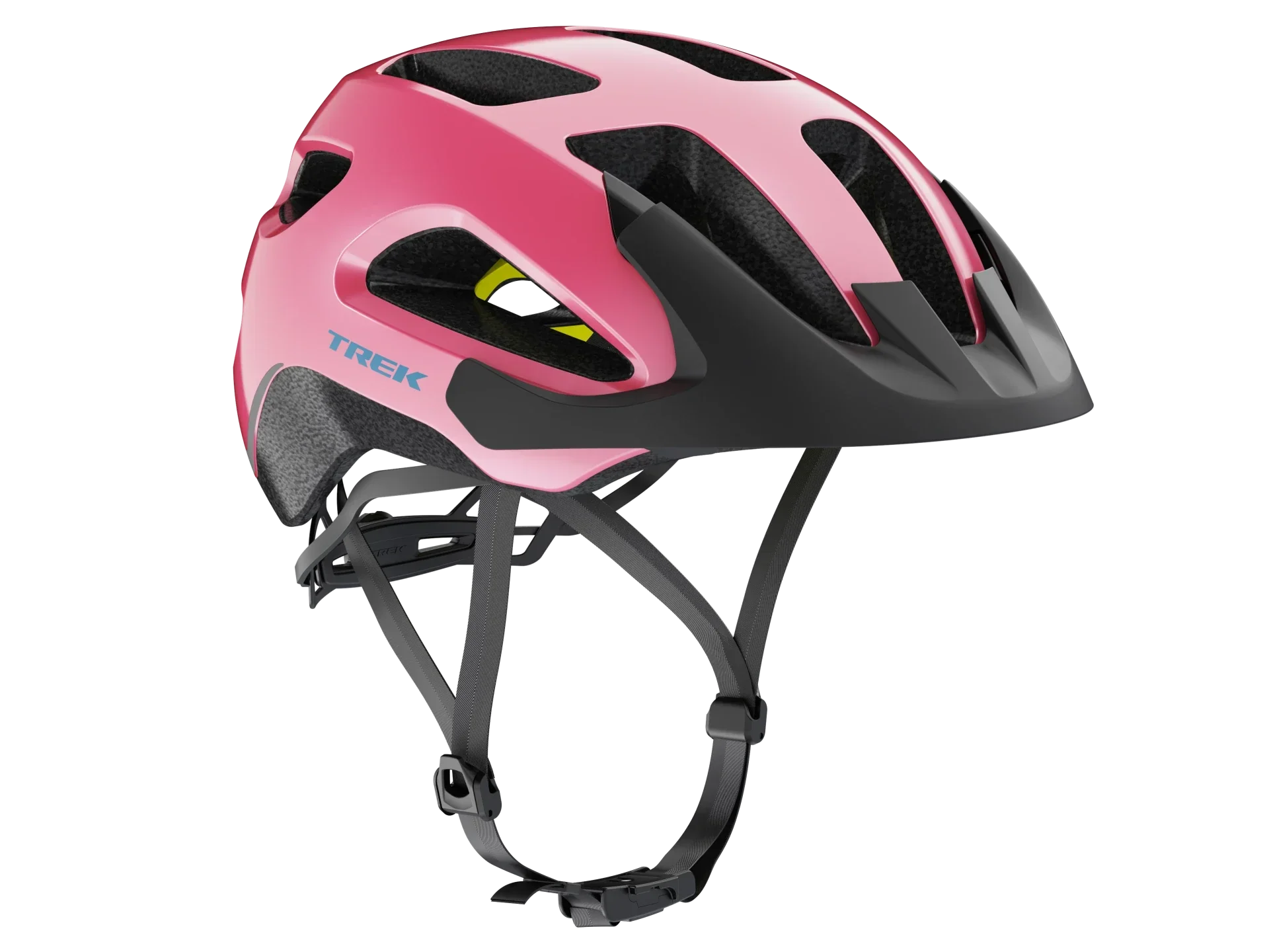Pink Trek bike helmet with black accents and ventilation slots for cycling safety