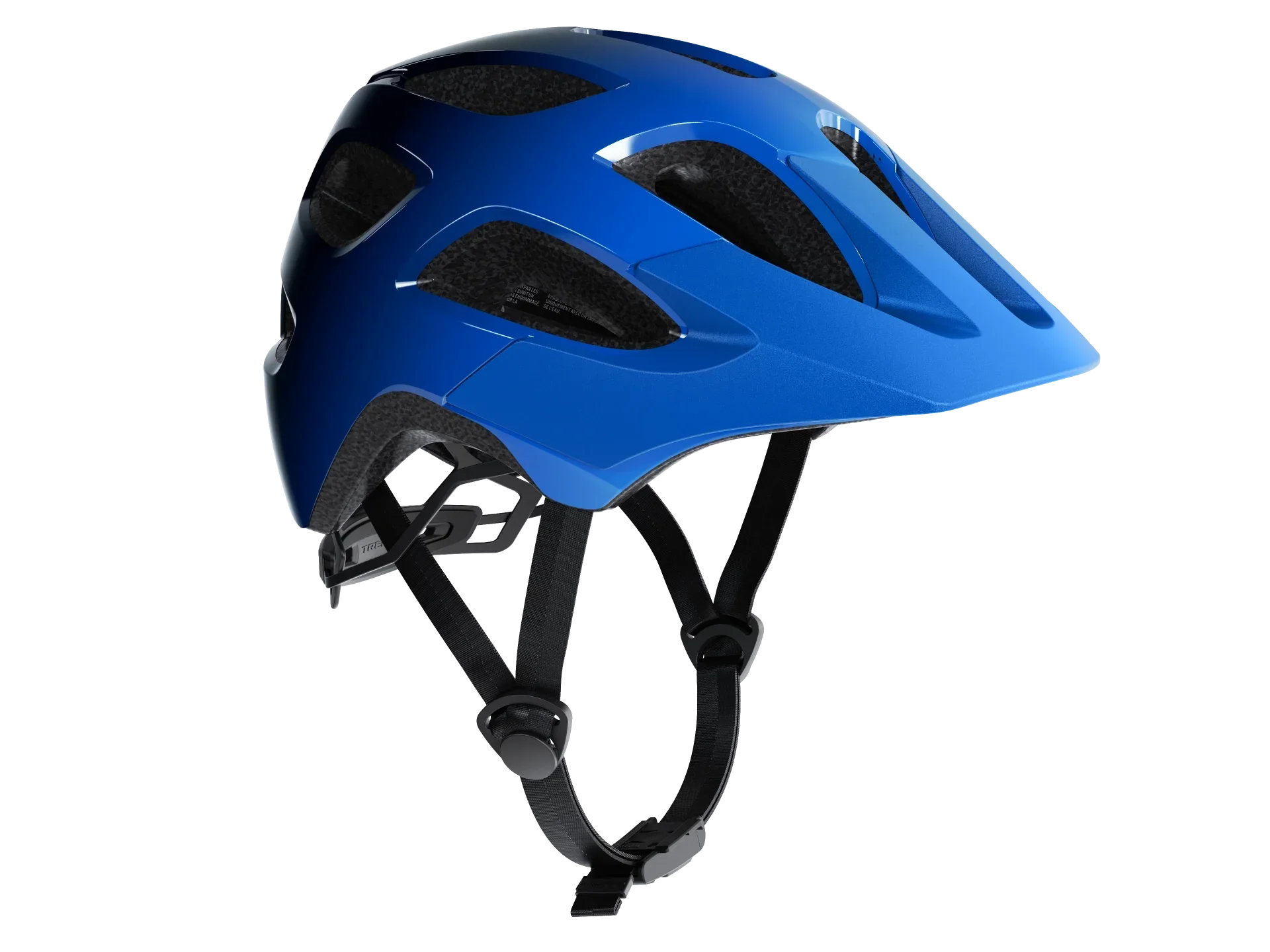 Blue mountain bike helmet with ventilation slots and adjustable straps for cycling safety