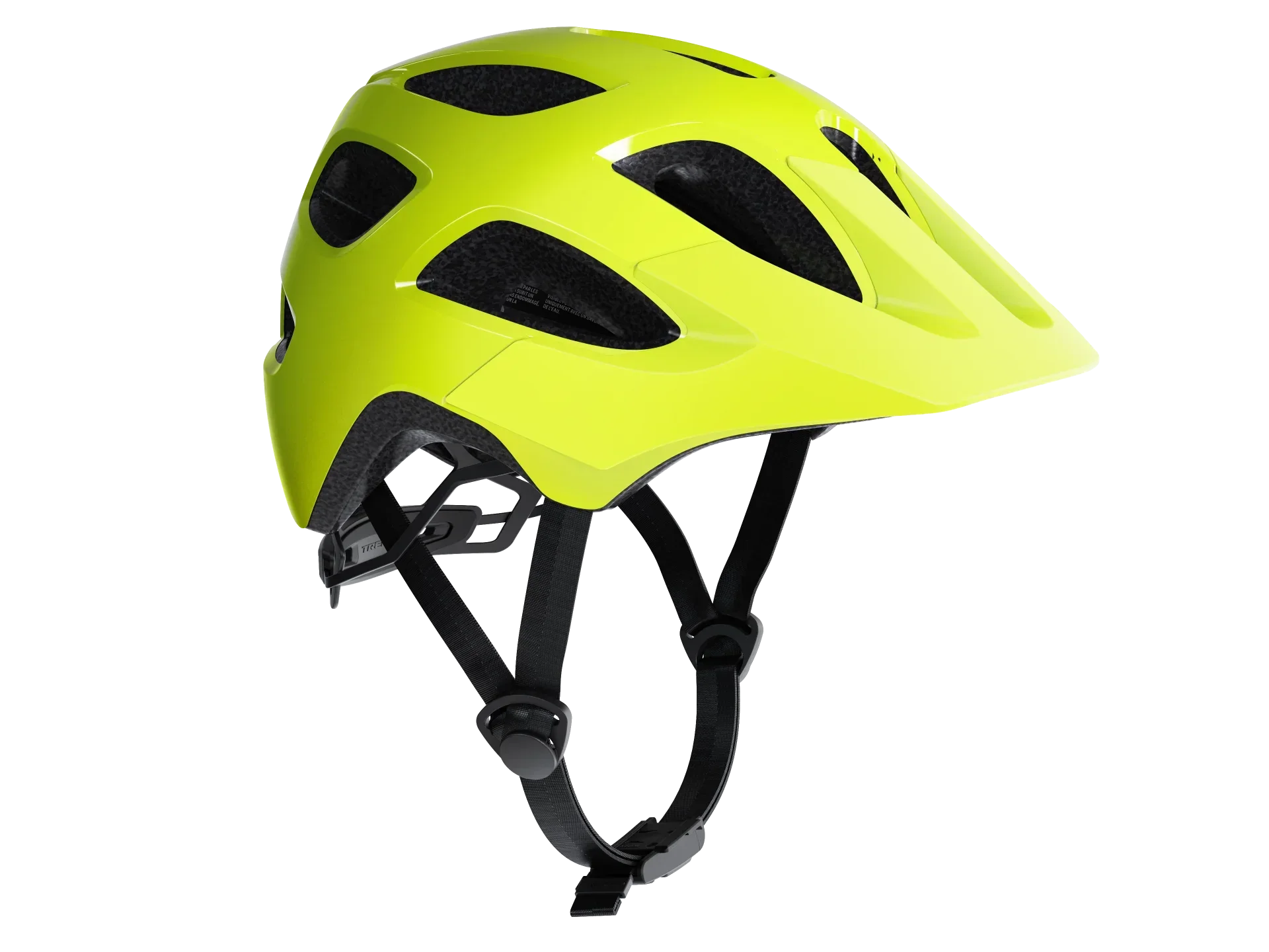 Bright yellow bike helmet with black straps and ventilation slots for safety and comfort