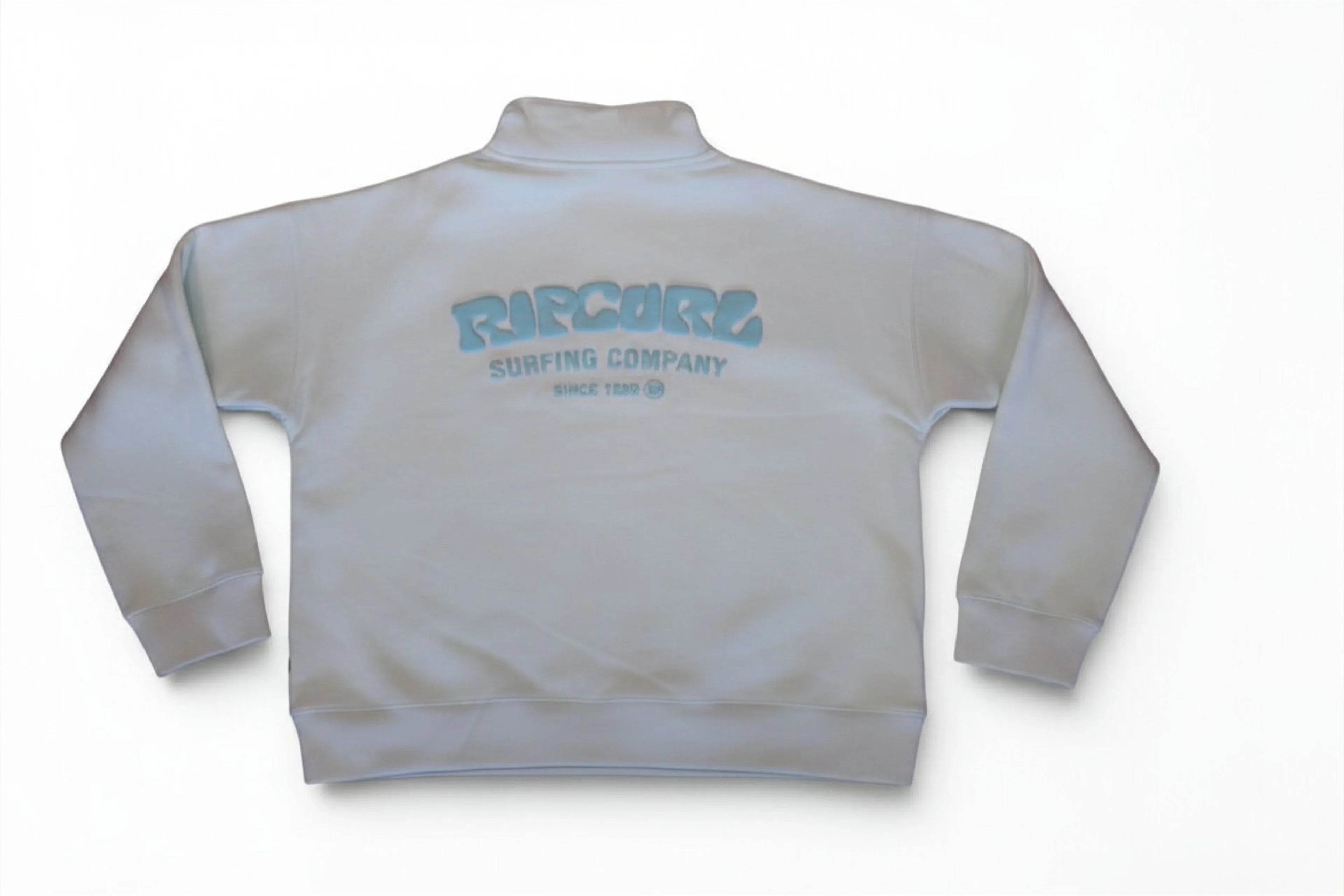 Gray Ripcurl Surfing Company sweatshirt with light blue logo, back view