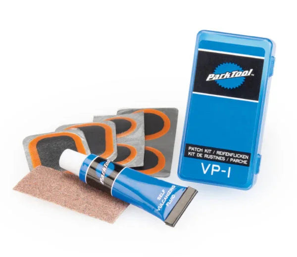 Park Tool VP-1 bicycle tire patch kit with glue, patches, and sandpaper for tube repair