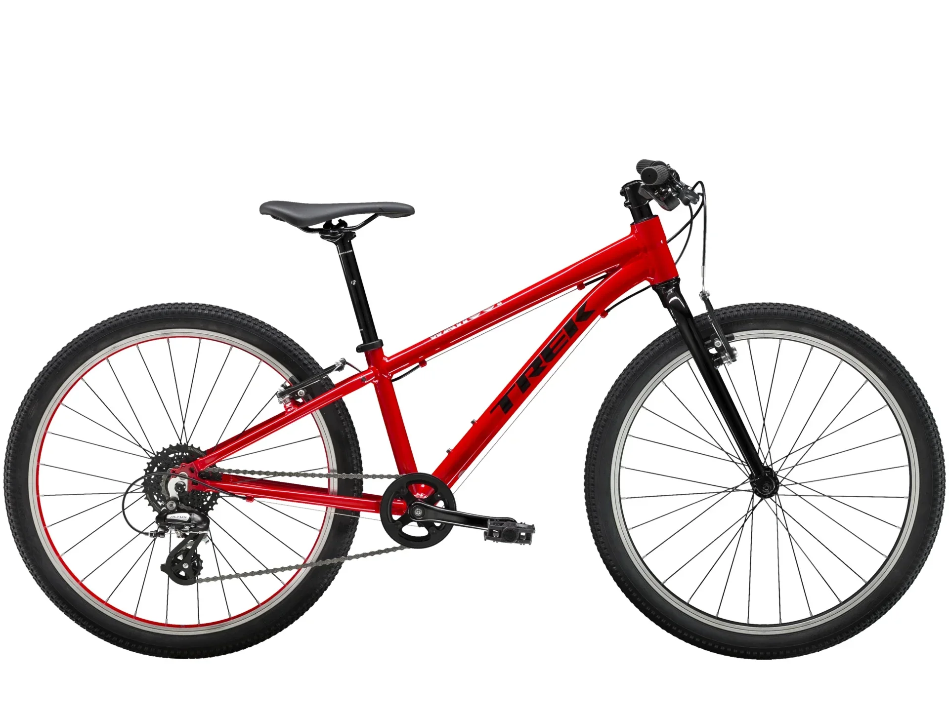 Red Trek mountain bike with black tires and frame details