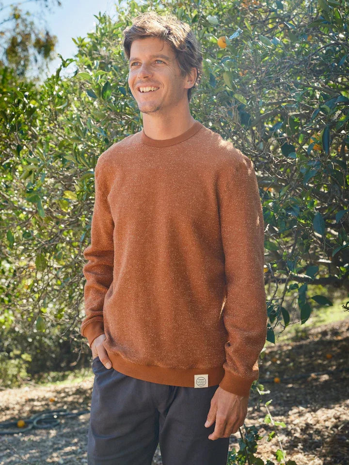 Man wearing cozy rust-colored crewneck sweater outdoors in citrus grove, relaxed fit, natural fabric texture
