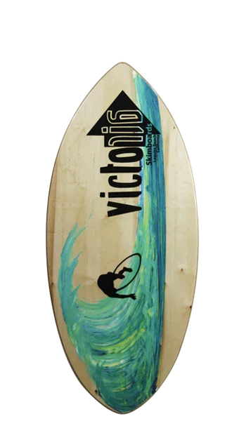 Victorious skimboard with wave graphic and surfer silhouette, natural wood finish
