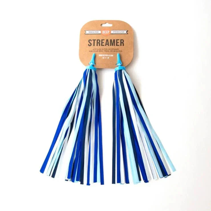 Blue and white striped bike streamers for coastal adventures and trail rides