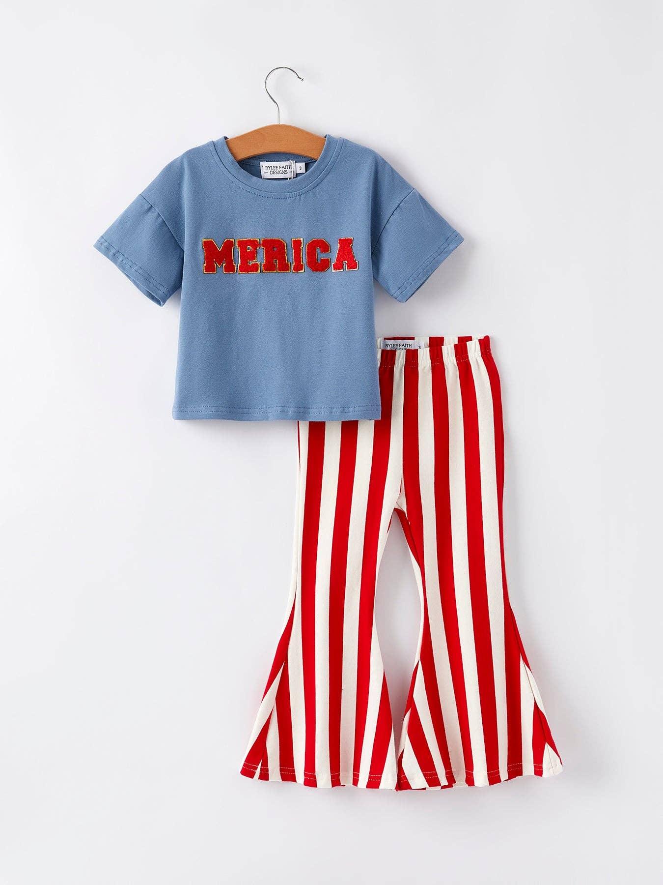 Kids' blue 'MERICA tee with red and white striped flare pants, perfect for patriotic adventures.