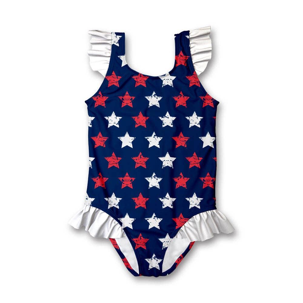 Patriotic star print toddler swimsuit with ruffled sleeves and hem