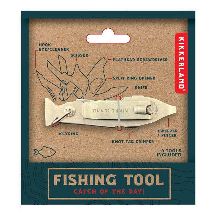 Kikkerland fish-shaped fishing tool with 9 functions: knife, scissors, hook cleaner, keyring, tweezers