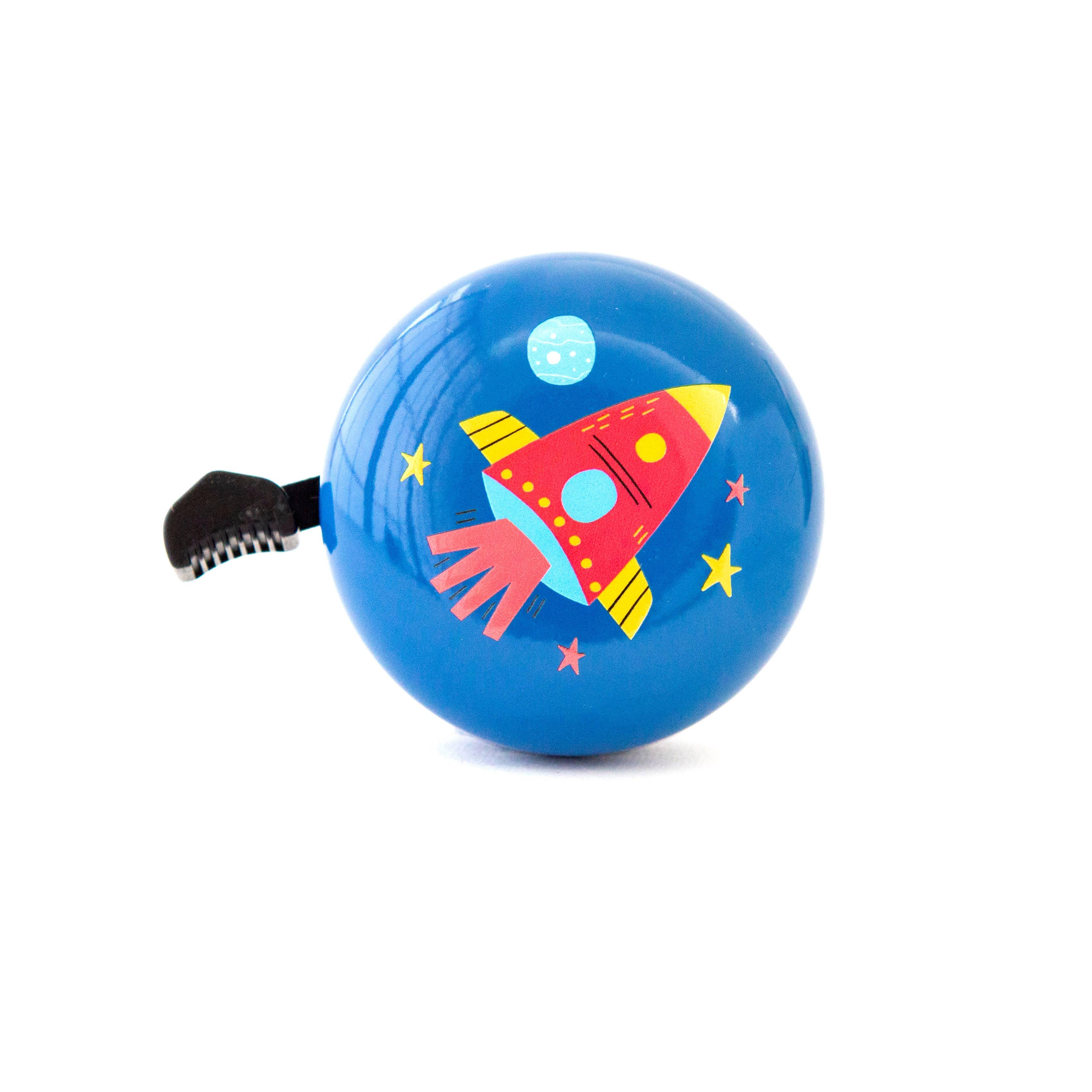 Blue kids bike bell with rocket ship design, stars, and planet for fun outdoor adventures