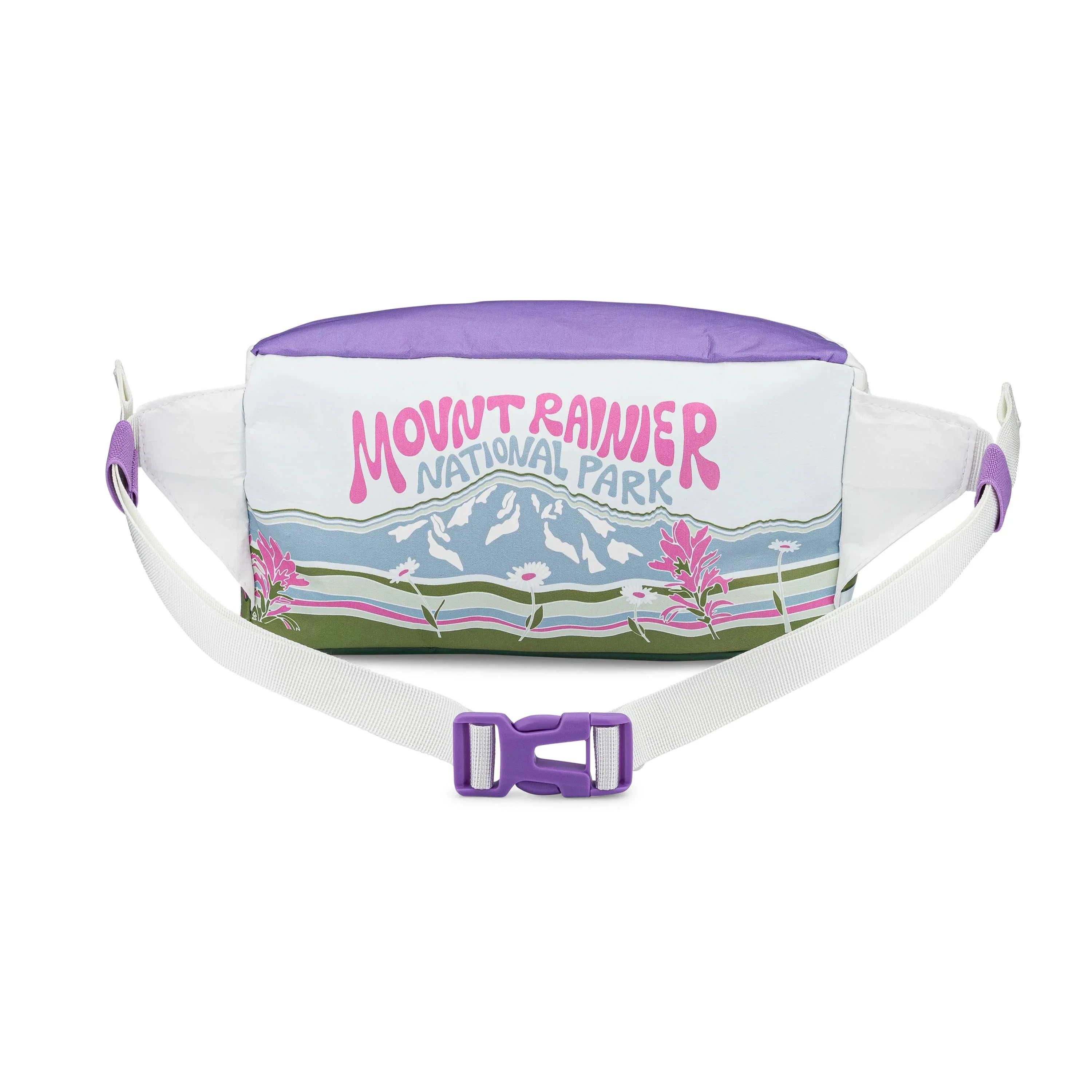 Mount Rainier National Park fanny pack with floral and mountain design, purple accents