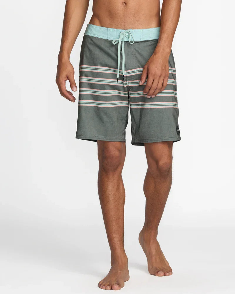 Men's striped board shorts with mint drawstring, perfect for beach days and coastal adventures