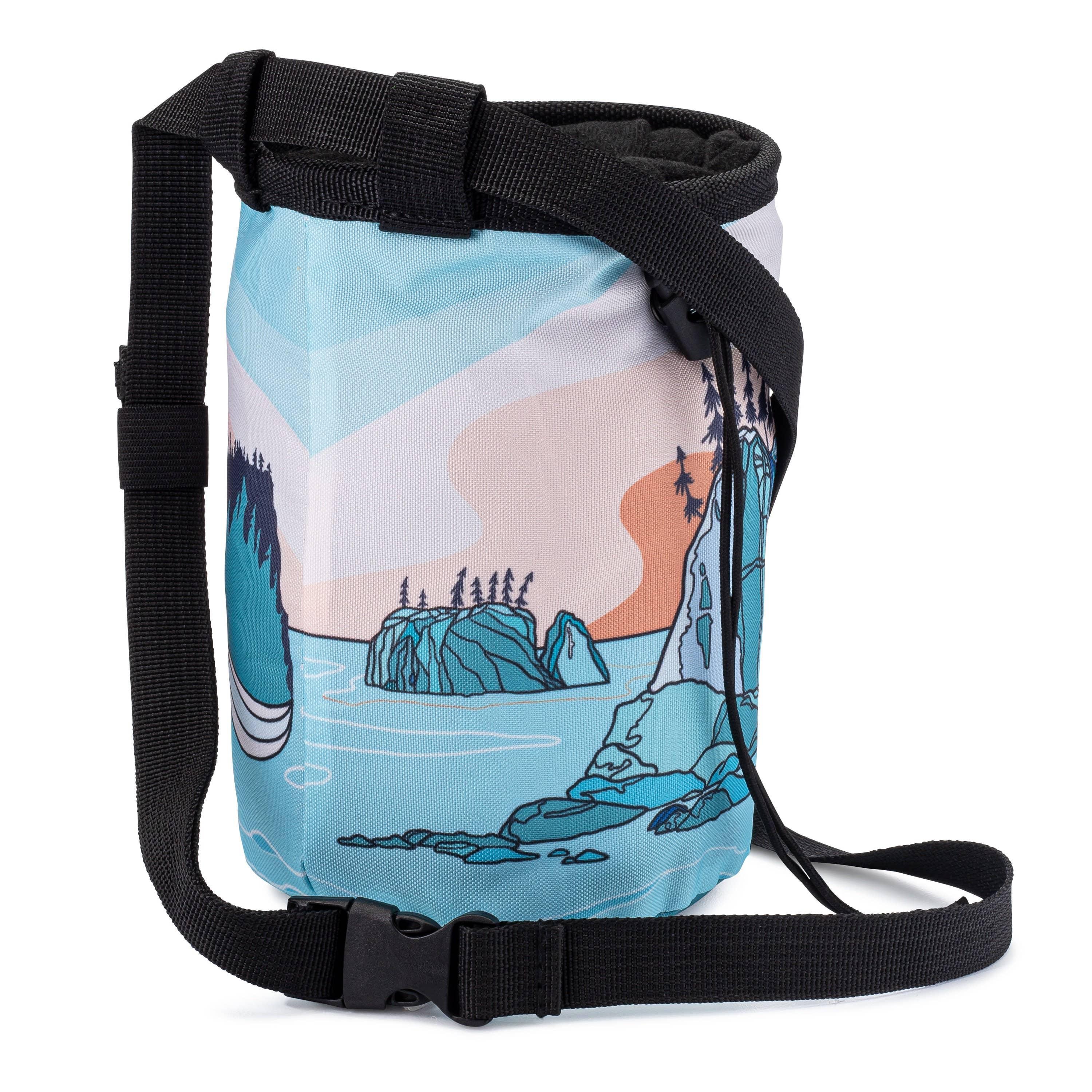 Scenic mountain and lake print chalk bag with black straps for climbing