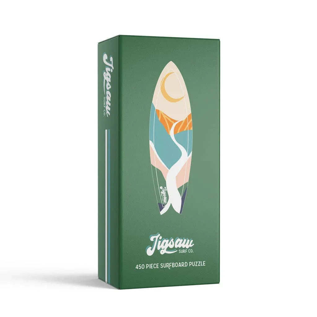 450-piece surfboard puzzle in green box with colorful design