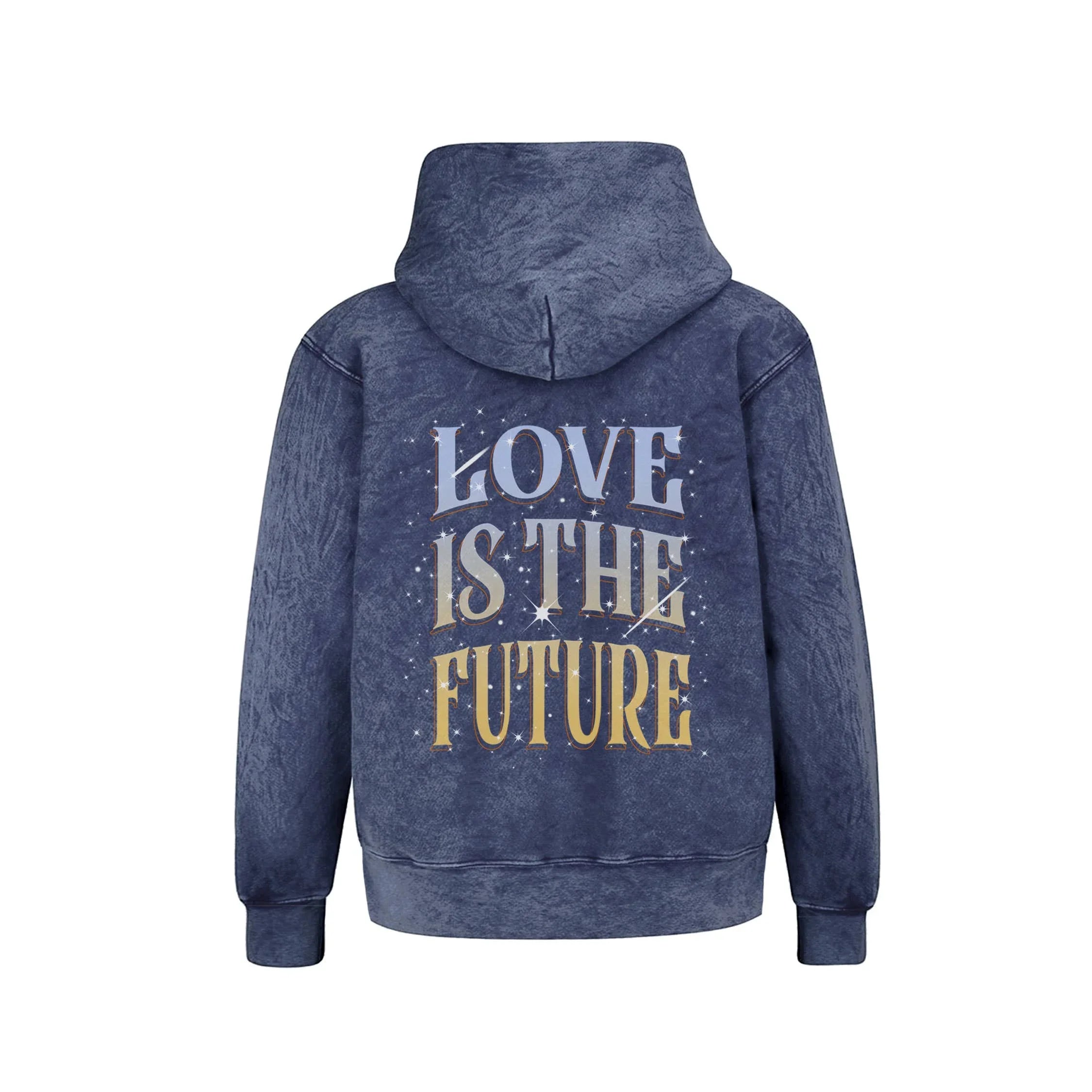 Blue acid wash hoodie with 'Love Is The Future' graphic, PNW coastal style apparel