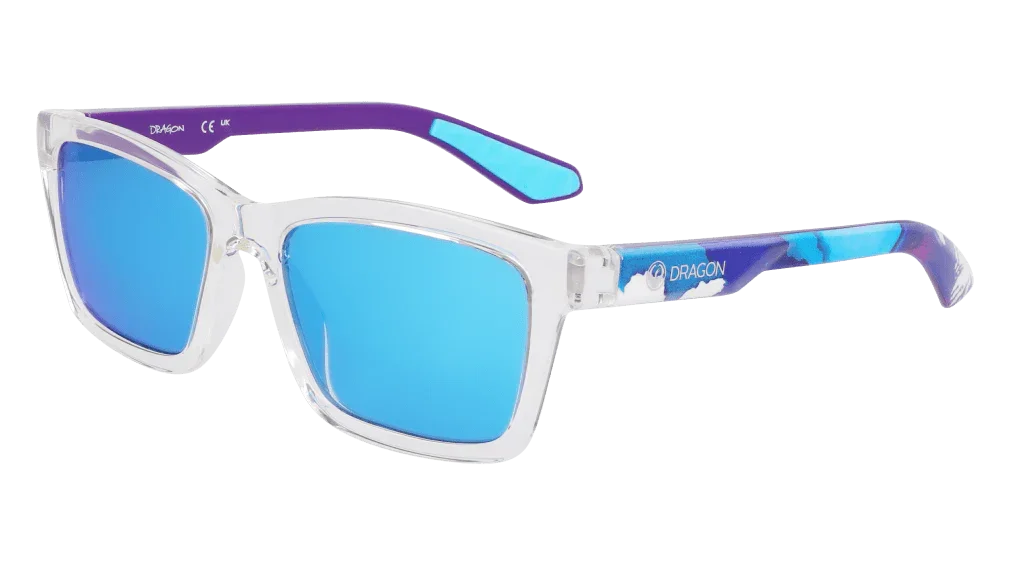 Dragon brand sunglasses with clear frames, blue mirrored lenses, and purple-blue patterned arms for outdoor adventures.