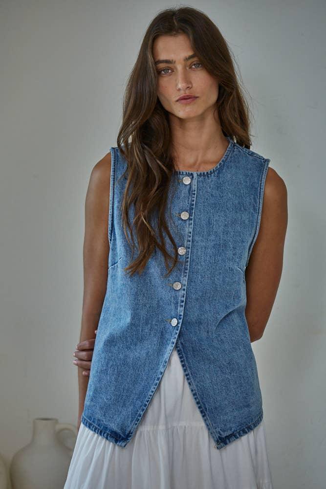 Women's denim vest with front buttons, styled for coastal PNW outdoor adventures