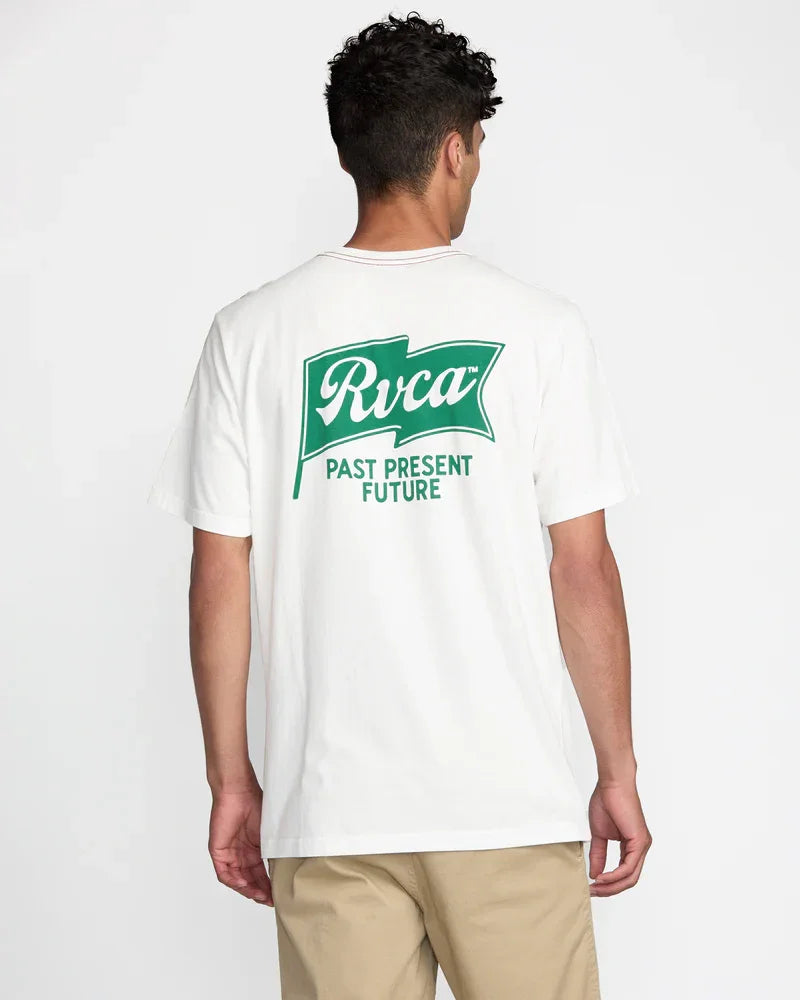 White RVCA t-shirt with green flag logo and 'Past Present Future' text, ideal for coastal PNW adventures.