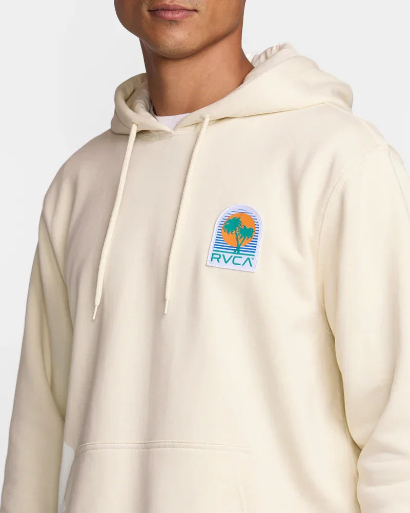 Cream RVCA hoodie with palm tree logo, coastal style pullover for outdoor adventures