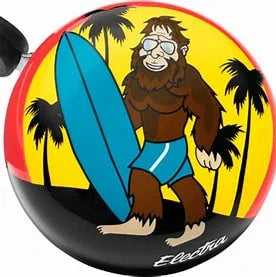 Fun bike bell with Bigfoot holding surfboard, palm trees, coastal adventure vibe