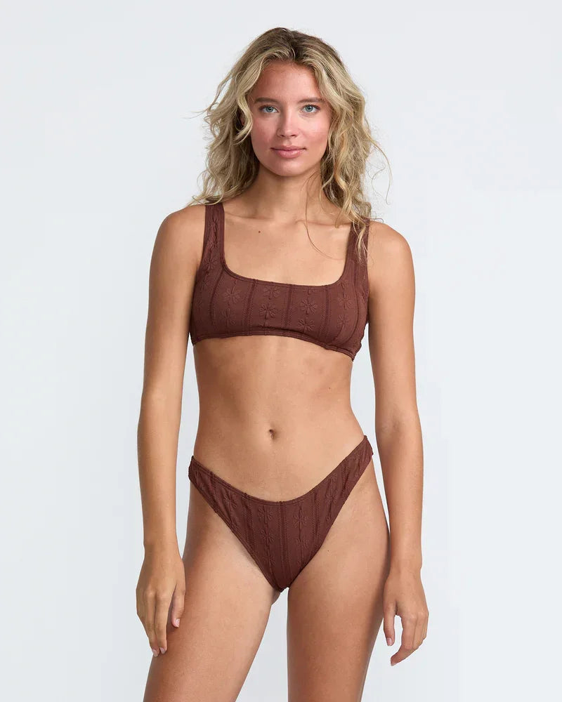 Brown textured bikini set with square neckline top and high-cut bottoms for beach days