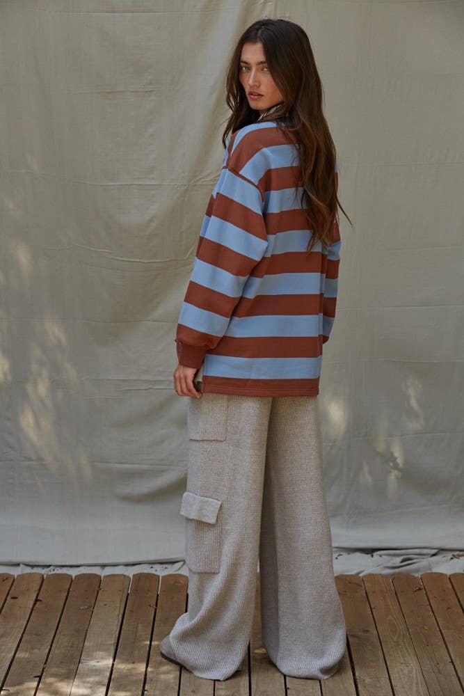 L8802 | Knit Cotton Striped French Terry Collar Neck Top