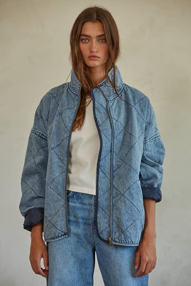 Quilted denim jacket for coastal outdoor style, paired with jeans and a white tee.