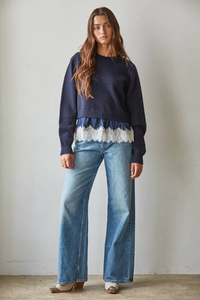 W2583 | Knit Sweater Twofer Top Satin Lace Trim Detail