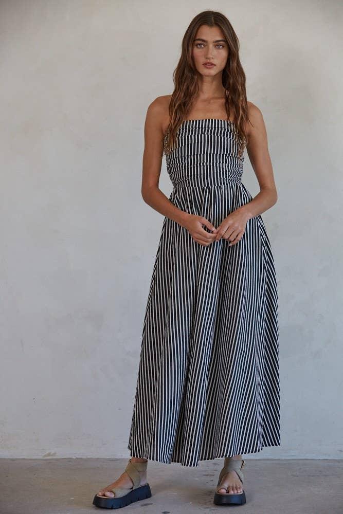 Striped strapless maxi dress for coastal style and beach days