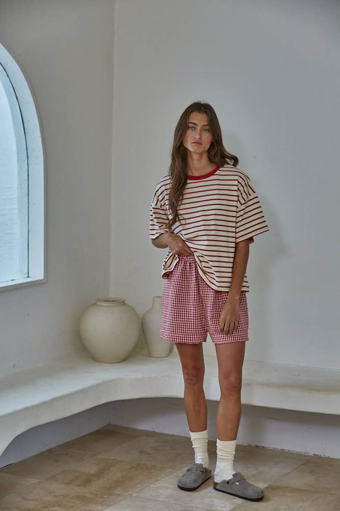 L9691 | Knit Cotton Striped Short Sleeve Crew Neck Top