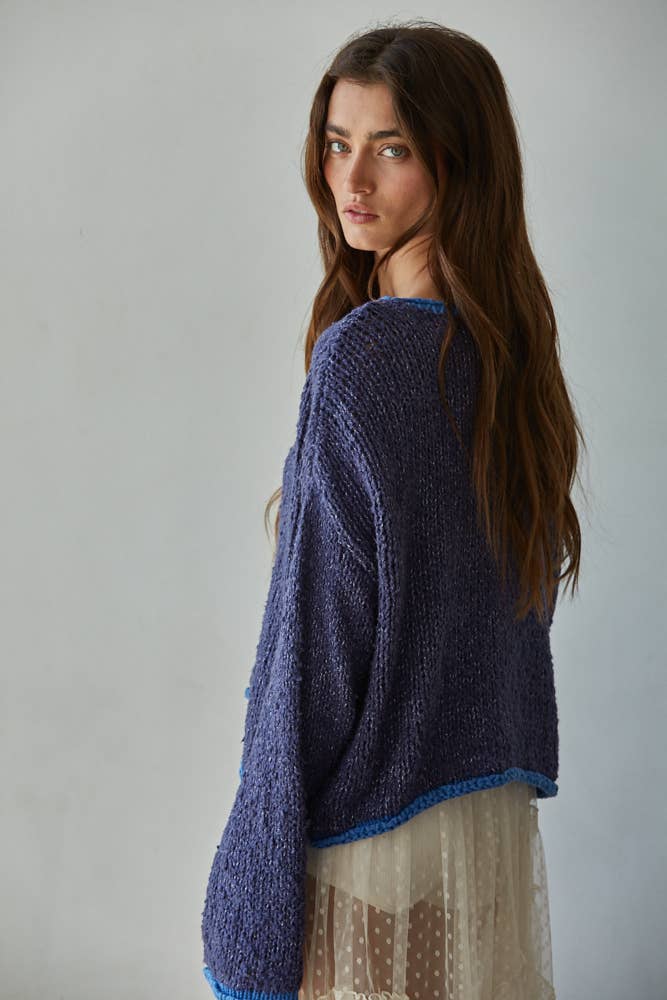W1919 | Knit Sweater Pullover Top With Contrast Hems Detail
