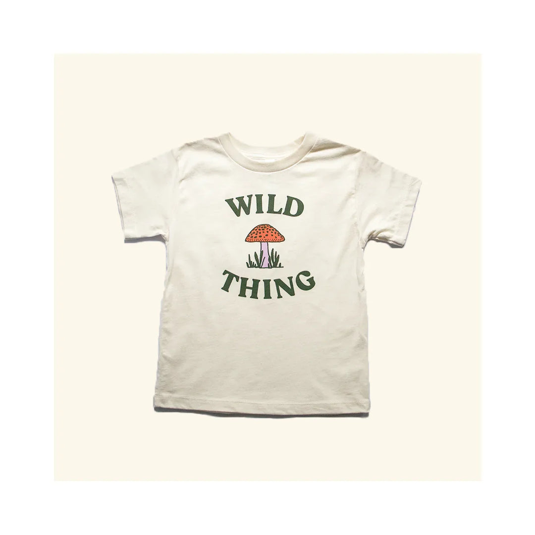 Kids cream t-shirt with 'Wild Thing' text and mushroom graphic, perfect for outdoor adventures.