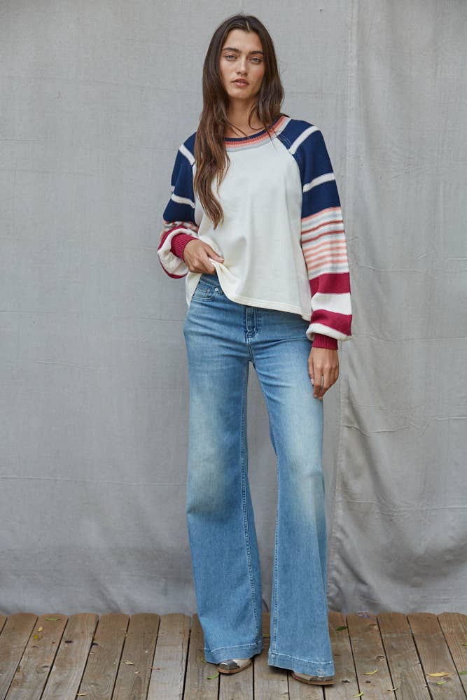 W2591 | Knit Multi Color Striped Long Sleeve Pullover Top