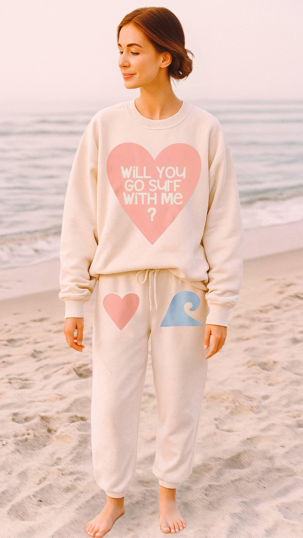 Cozy beach sweatshirt set with 'Will You Go Surf With Me?' heart design, perfect for coastal adventures.