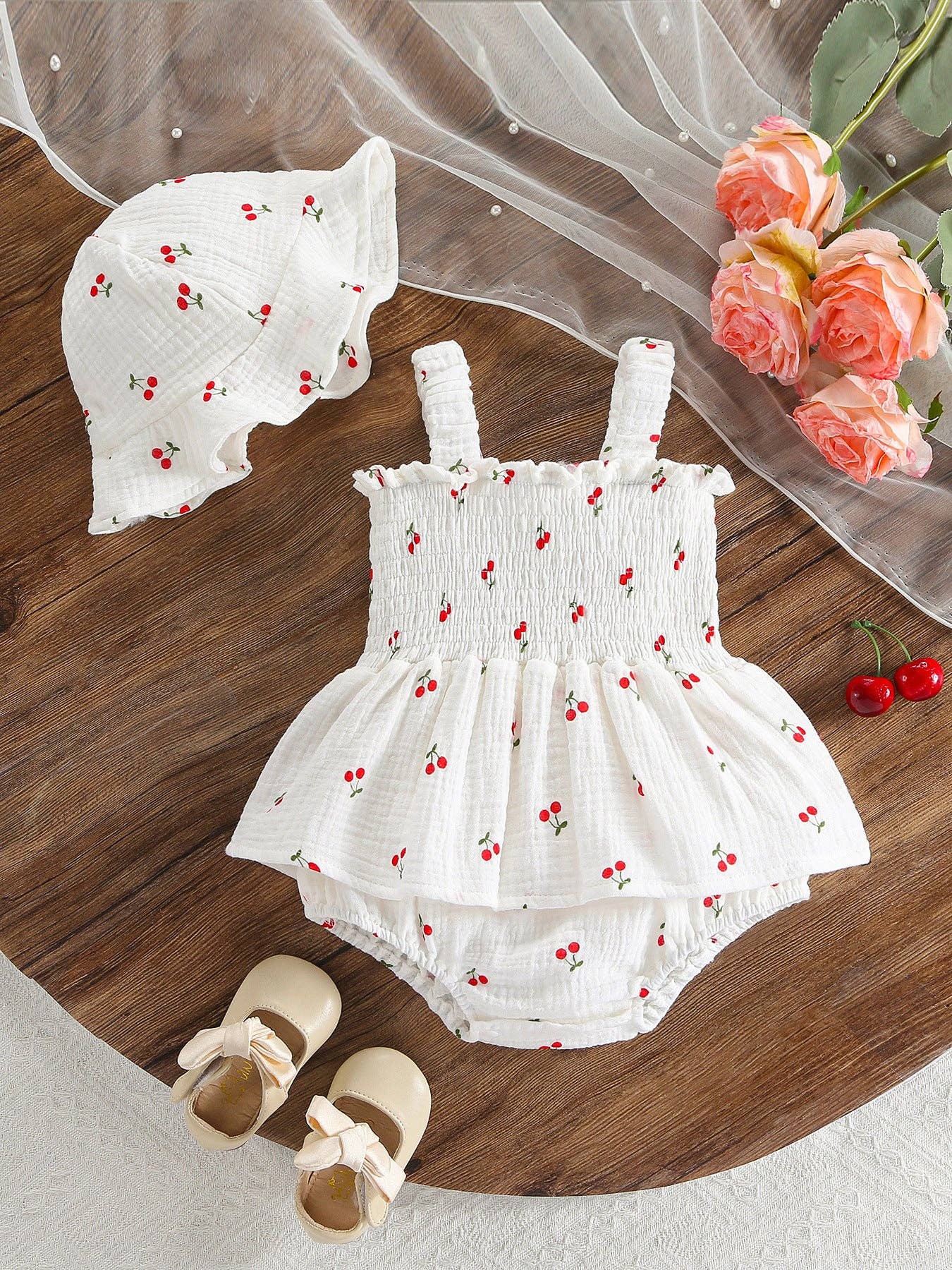 Cherry Smocked Baby Romper with Matching Hat
