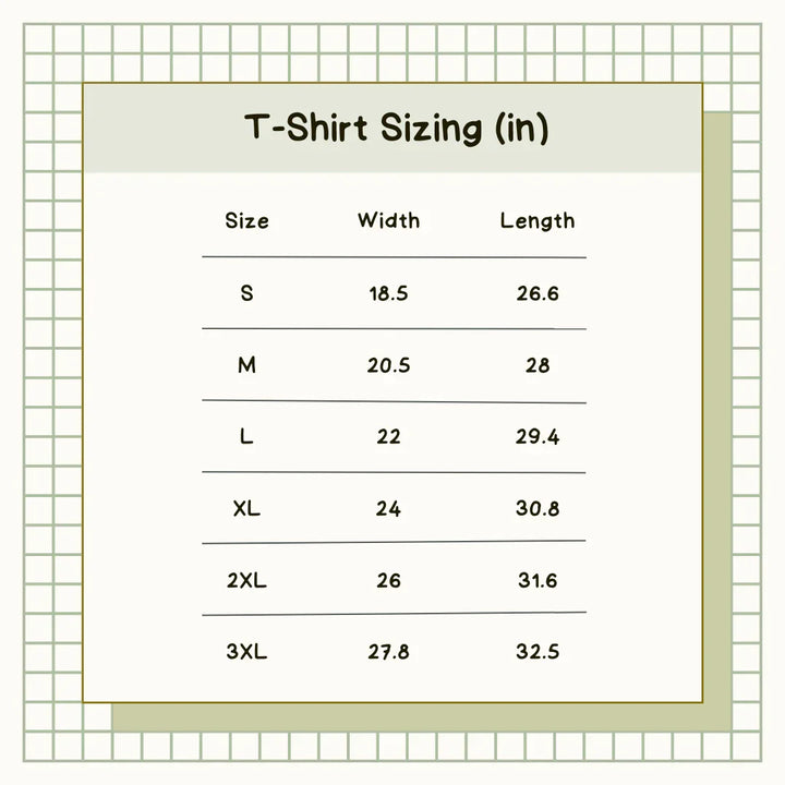T-shirt sizing chart with measurements for S to 3XL, perfect for outdoor gear fit