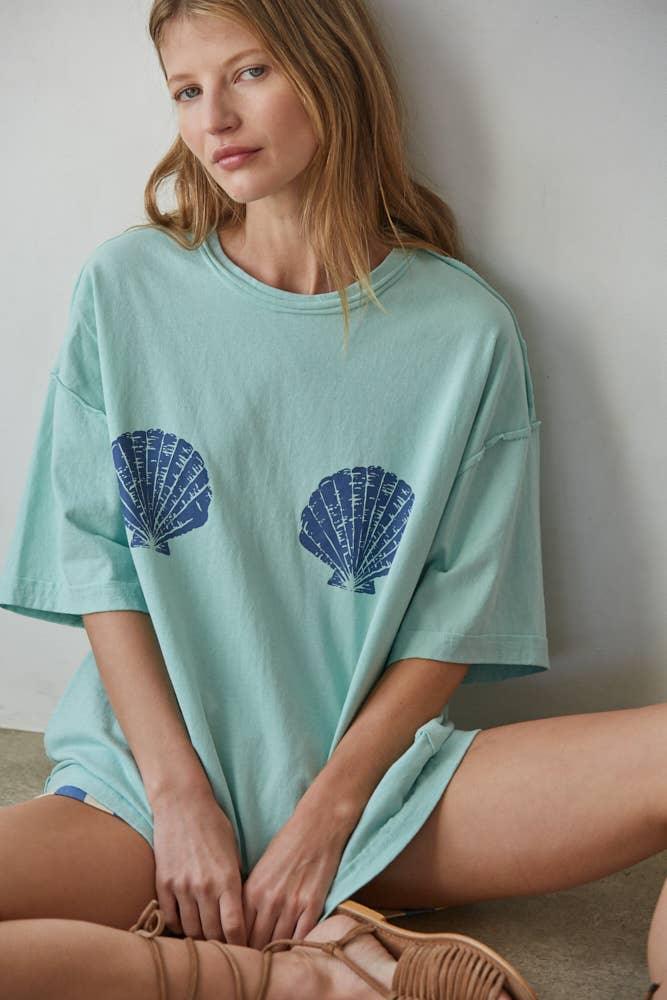 L9468 | Knit Cotton Graphic Shell Print Crew Oversized Top