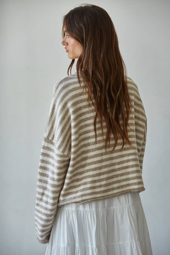W2297 | Knit Sweater Striped Buttondown Cardigan Top
