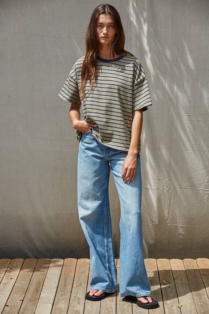 L9691 | Knit Cotton Striped Short Sleeve Crew Neck Top
