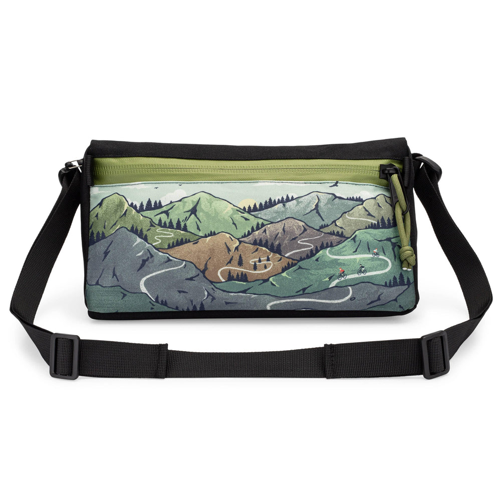 Mountain bike trail fanny pack with scenic landscape design and adjustable strap