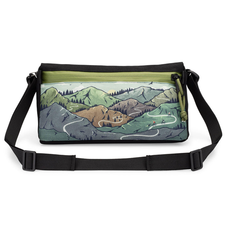 Oso Supply Co waterproof bike handlebar storage bag with mountain landscape illustration