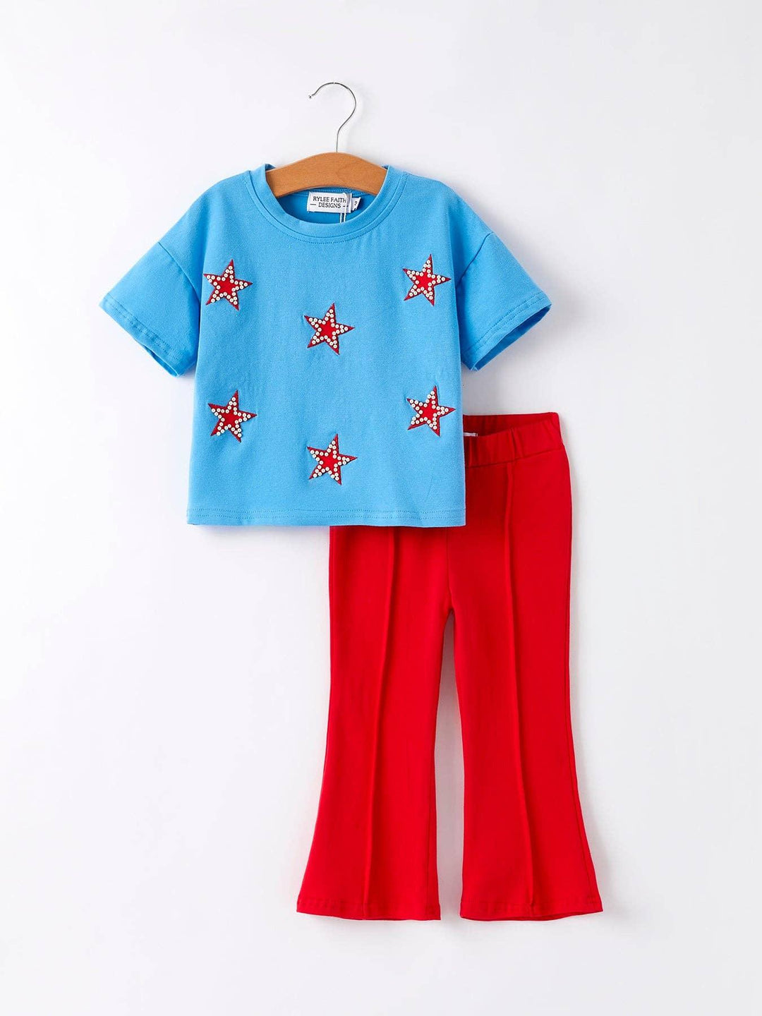 Blue star-print tee with red flare pants, kids summer outfit