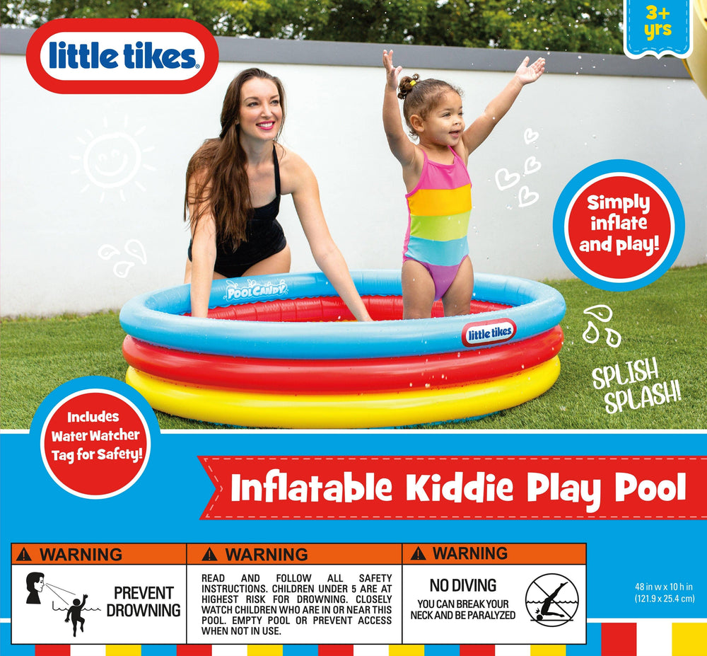 Little Tikes inflatable kiddie pool with mom and child splashing in backyard, perfect for outdoor summer fun
