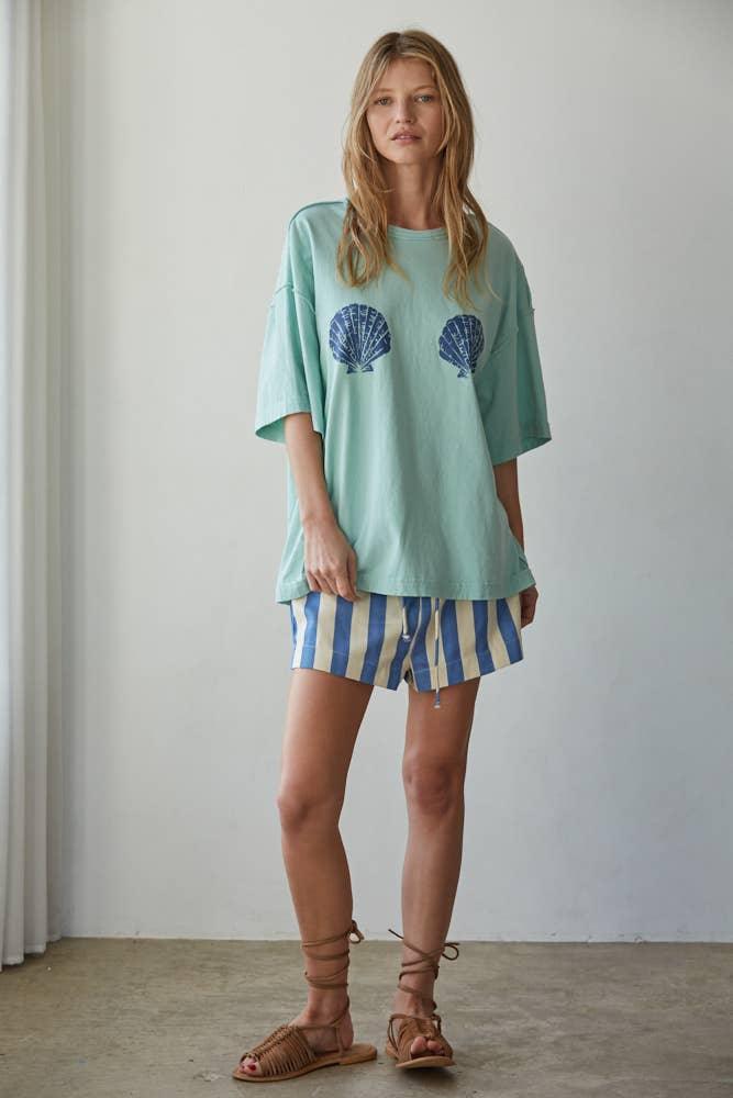 L9468 | Knit Cotton Graphic Shell Print Crew Oversized Top