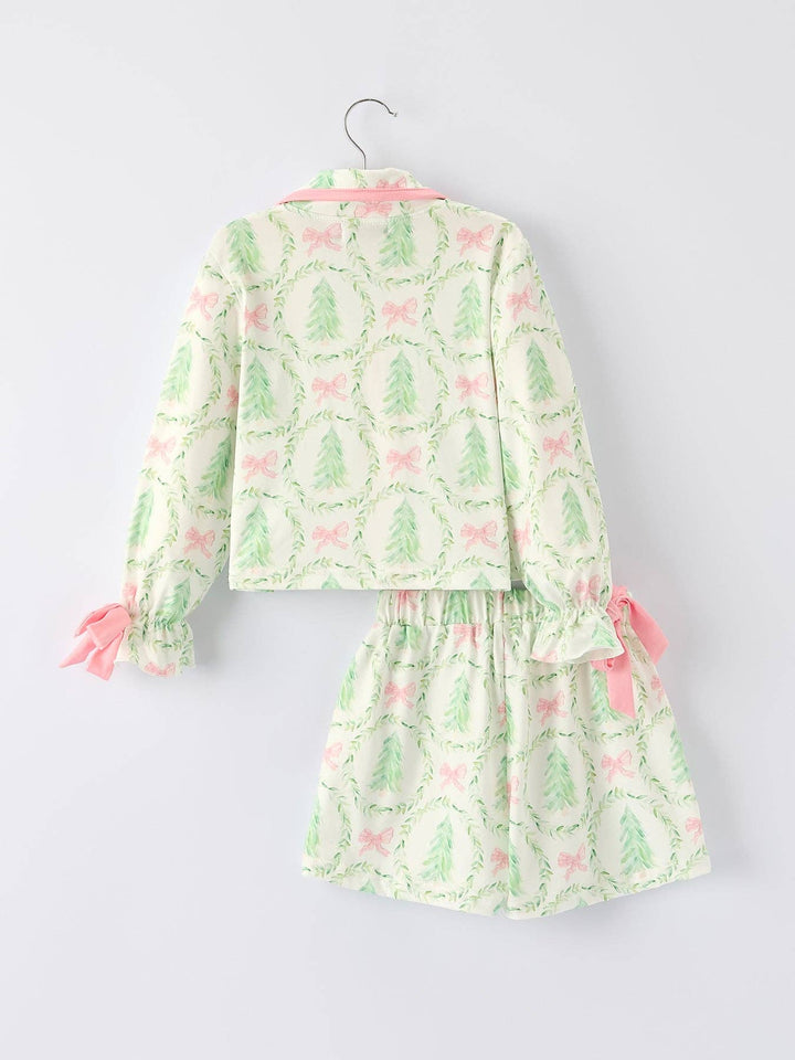 Christmas Tree &amp; Bow Print Girls Pajama Set