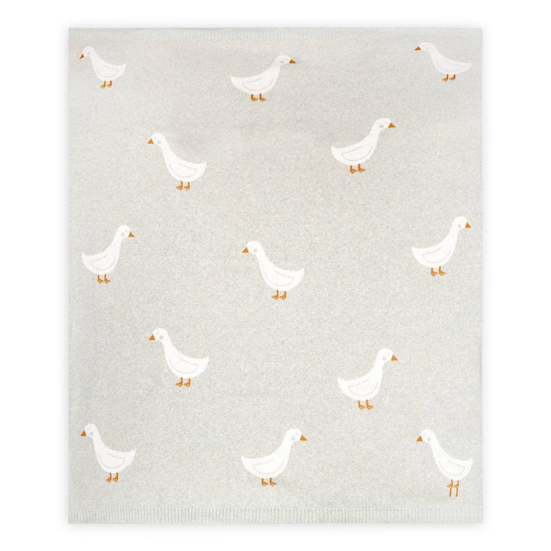 Soft gray baby blanket with white duck pattern, cozy nursery bedding