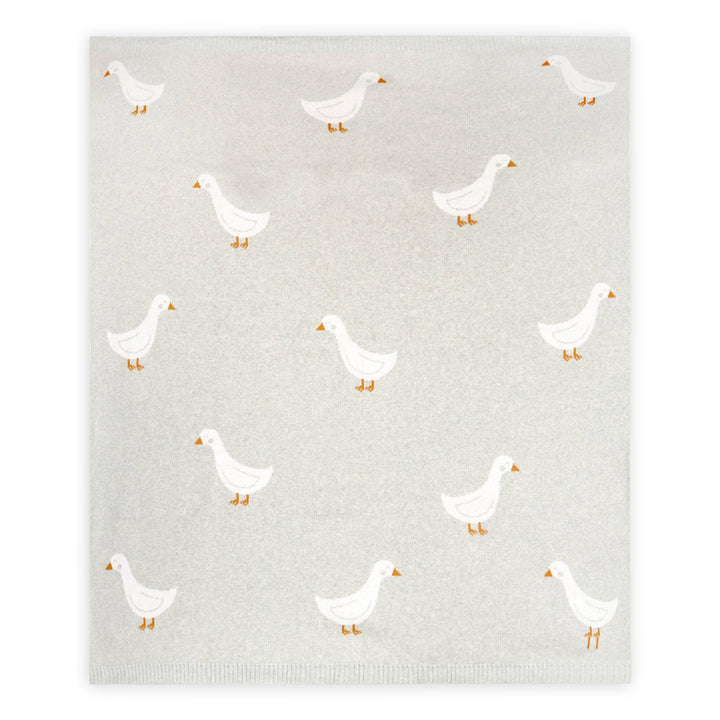 Soft gray baby blanket with white duck pattern, cozy nursery bedding