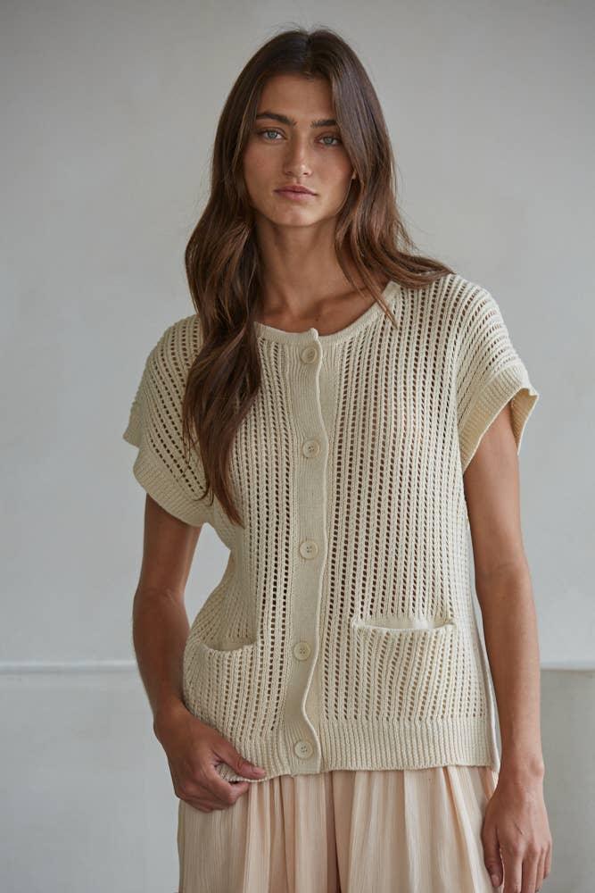 W2529 | Knit Sweater Ramie Cotton Button Down Cardigan