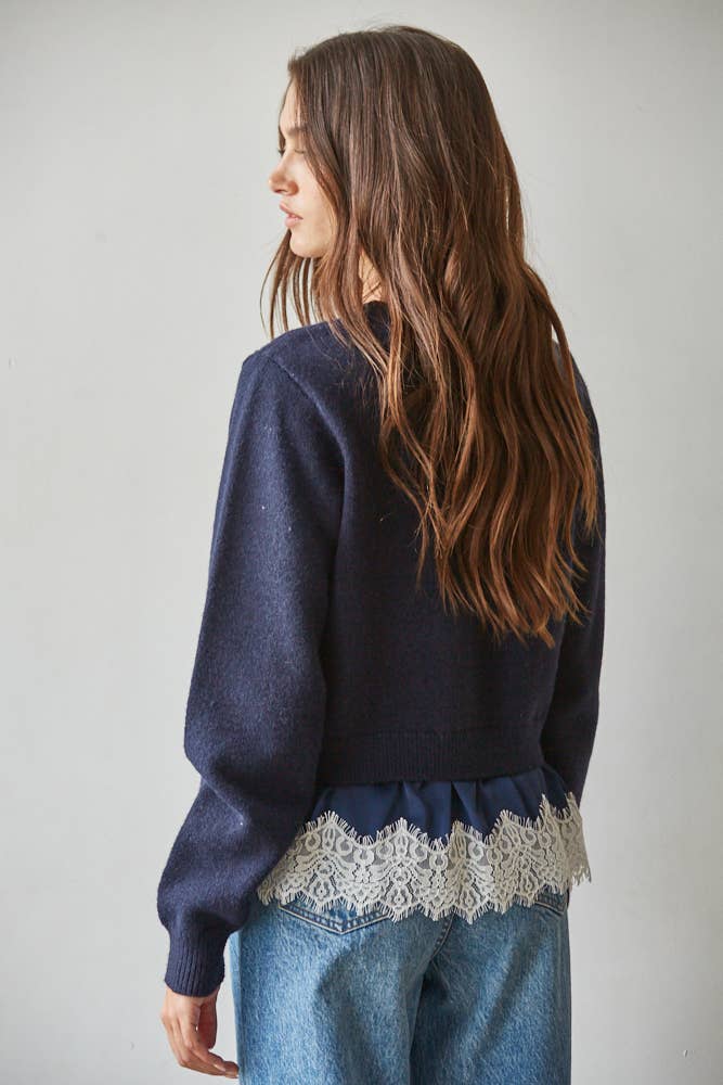 W2583 | Knit Sweater Twofer Top Satin Lace Trim Detail